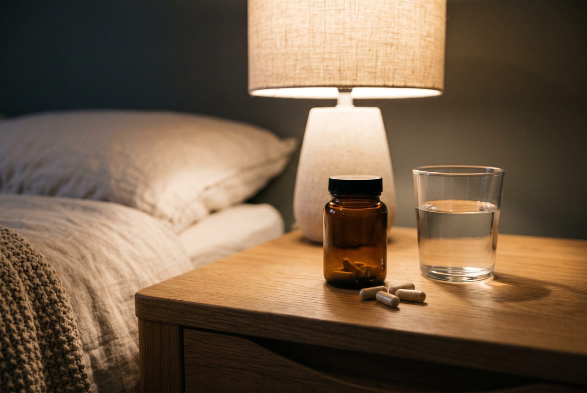 Table de nuit avec une lampe allumée, un verre d'eau et un pot de gélules
