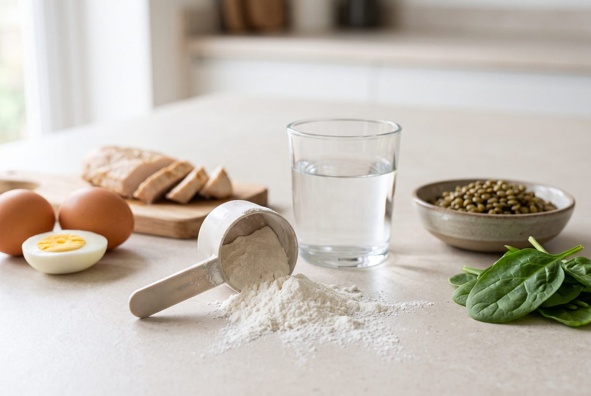 Cuillère doseuse de glutamine en poudre à côté d'un verre d'eau, d'œufs, de poulet, de lentilles et d'épinards