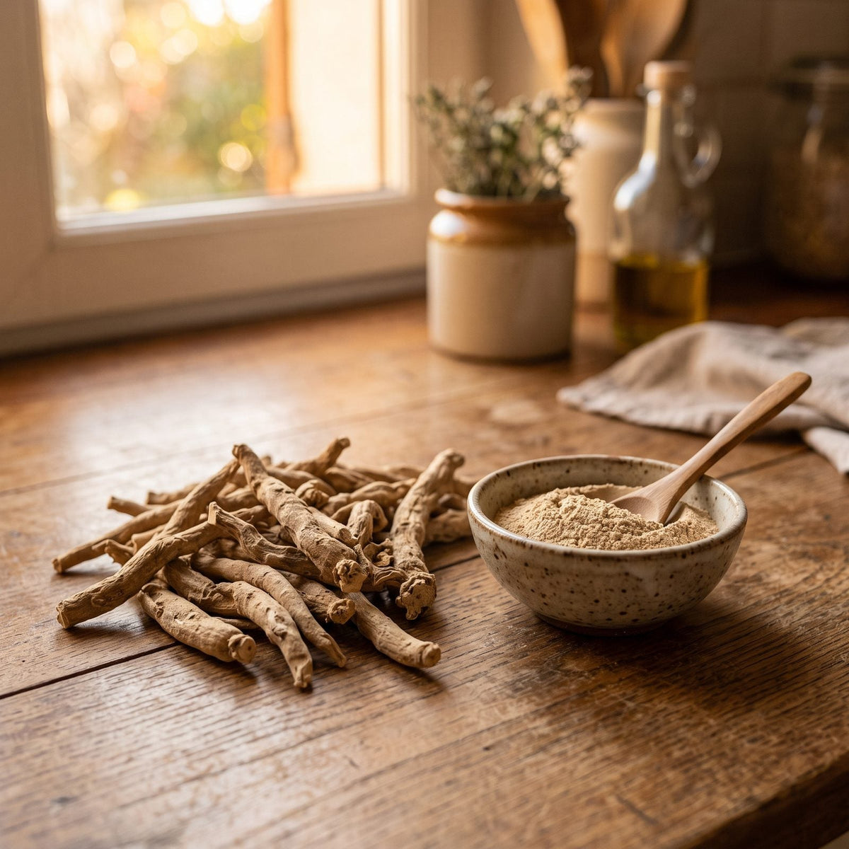 Racines séchées d'ashwagandha et coupelle de poudre sur une table en bois