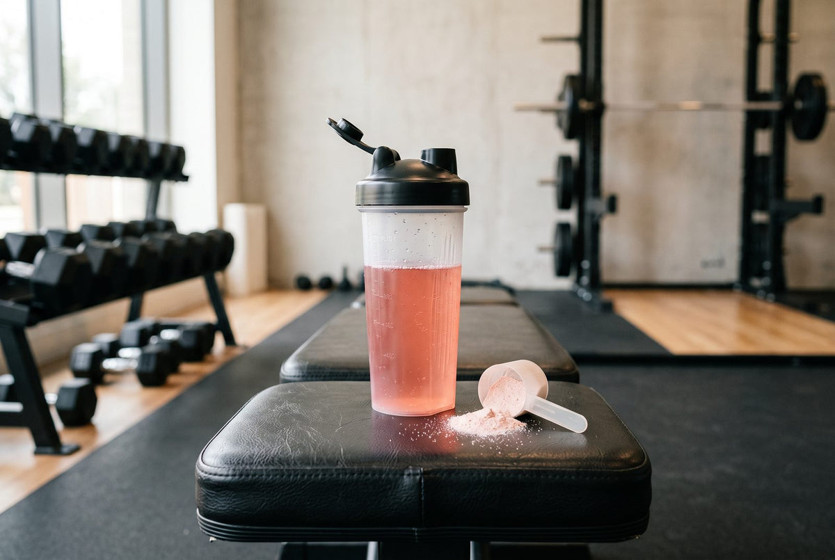 Shaker de pré-workout en poudre préparé avant une séance de musculation