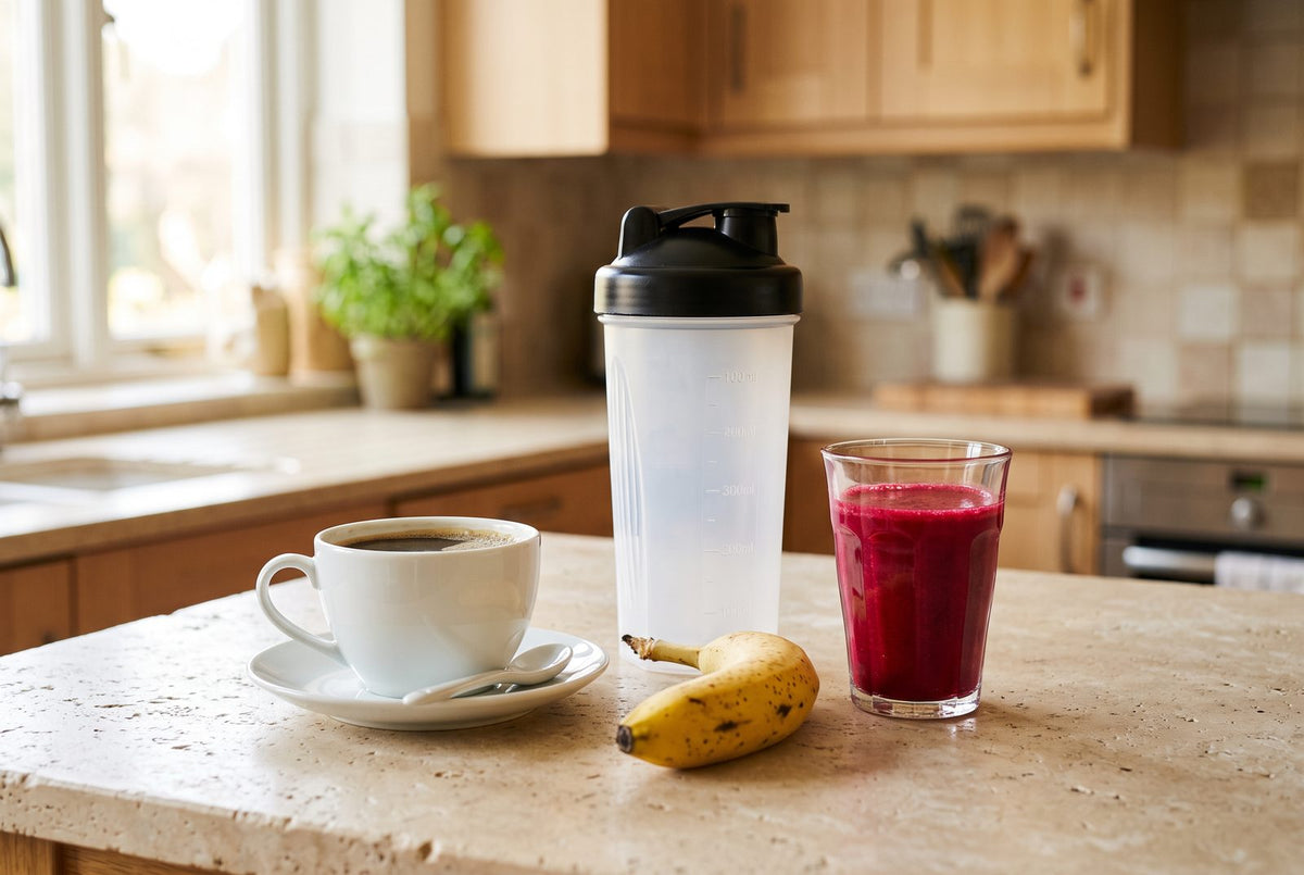 Pré-workout maison : café, banane, jus de betterave et shaker sur un plan de travail