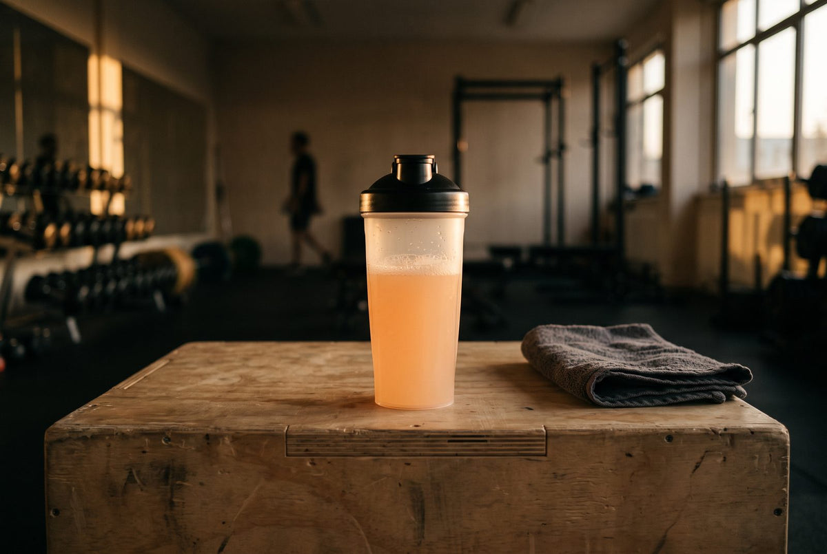 Pré-workout sans stimulant préparé dans un shaker avant une séance de musculation en soirée
